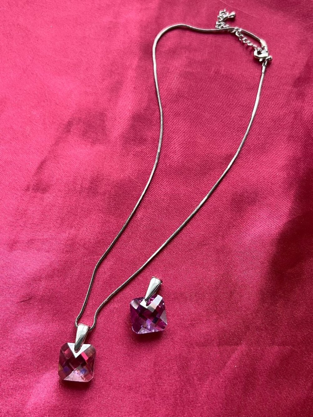 Silver Tone Necklace with Pink and Purple Crystal Pendant